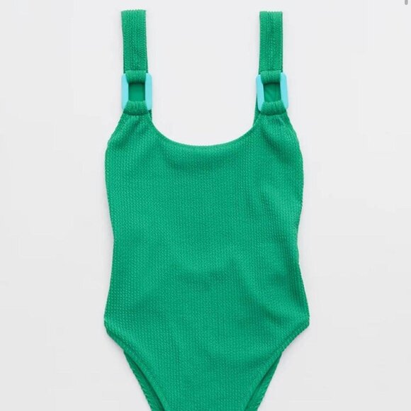 NWOT Aerie Shimmery Crinkle Birthday Scoop Cheekiest One Piece Swimsuit Kelly - Picture 3 of 10